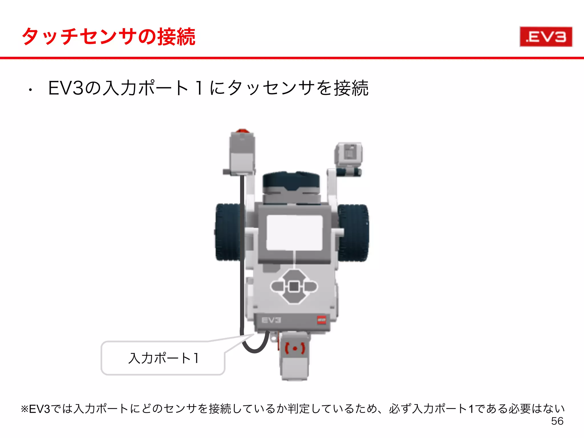 • EV3の入力ポート１にタッセンサを接続
タッチセンサの接続
入力ポート1
※EV3では入力ポートにどのセンサを接続しているか判定しているため、必ず入力ポート1である必要はない
56
 