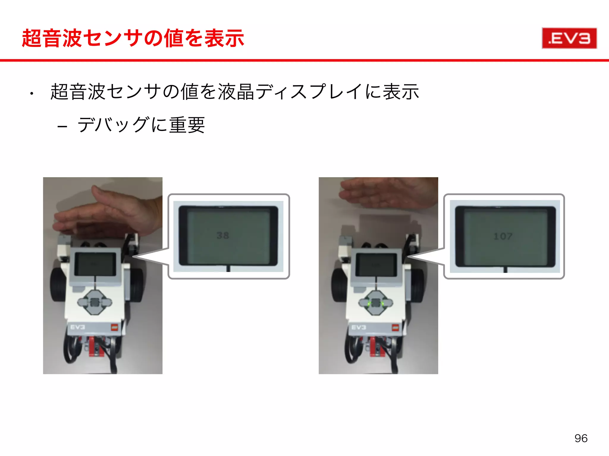 • 超音波センサの値を液晶ディスプレイに表示
‒ デバッグに重要
超音波センサの値を表示
96
 