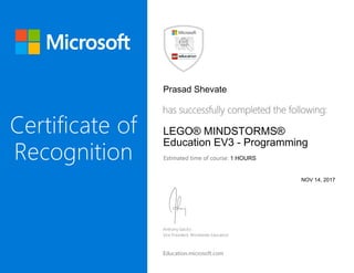 Prasad Shevate
LEGO® MINDSTORMS®
Education EV3 - Programming
1 HOURS
NOV 14, 2017
 