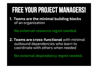 free your project managers!
1.  Teams are the minimal building blocks
of an organization
No external resource mgmt needed.
2.  Teams are cross-functional with minimal
outbound dependencies who learn to
coordinate with others when needed
No external dependency mgmt needed.
 