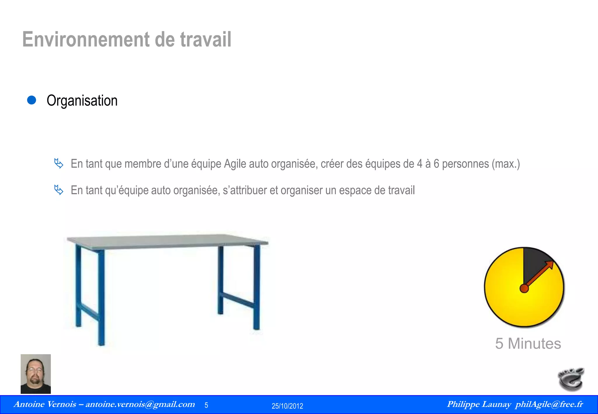 Environnement de travail
 Organisation

 En tant que membre d’une équipe Agile auto organisée, créer des équipes de 4 à 6 personnes (max.)
 En tant qu’équipe auto organisée, s’attribuer et organiser un espace de travail

5 Minutes

Antoine Vernois – antoine.vernois@gmail.com
5
Philippe Launay
13/09/2010

5

25/10/2012

Philippe Launay philAgile@free.fr
PhilAgile@free.fr

 