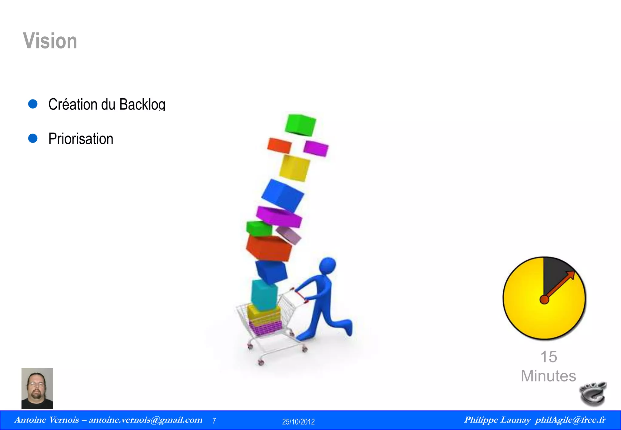 Vision
 Création du Backlog
 Priorisation

15
Minutes
Antoine Vernois – antoine.vernois@gmail.com
7
Philippe Launay
13/09/2010

7

25/10/2012

Philippe Launay philAgile@free.fr
PhilAgile@free.fr

 