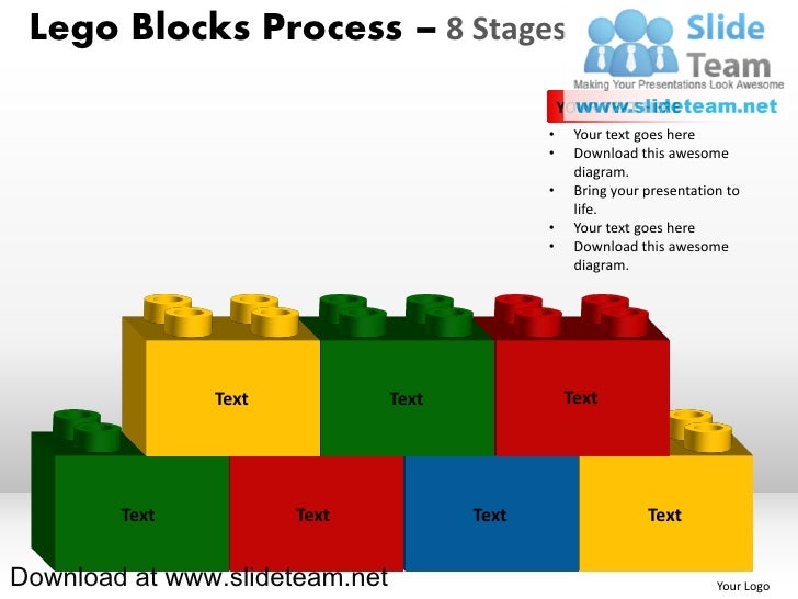 Lego blocks and pieces stacked on top of one another process 8 stages