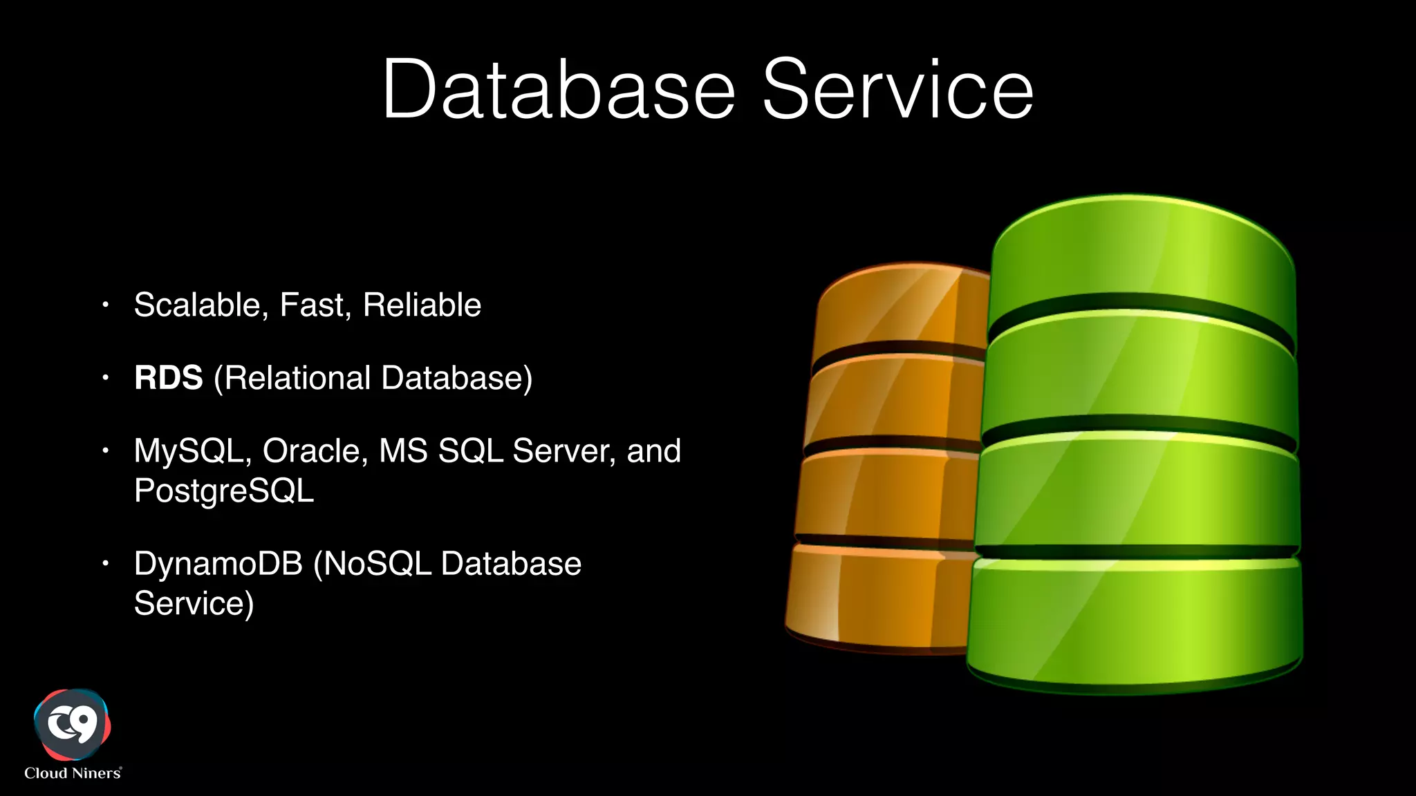 Database Service
• Scalable, Fast, Reliable!
• RDS (Relational Database)!
• MySQL, Oracle, MS SQL Server, and
PostgreSQL!
• DynamoDB (NoSQL Database
Service)
 