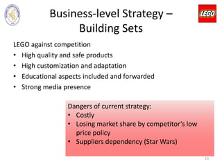 Business-level Strategy –
Building Sets
LEGO against competition
• High quality and safe products
• High customization and adaptation
• Educational aspects included and forwarded
• Strong media presence
Dangers of current strategy:
• Costly
• Losing market share by competitor‘s low
price policy
• Suppliers dependency (Star Wars)
13
 