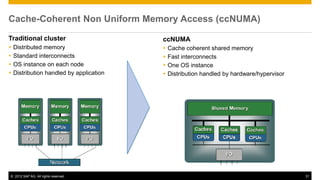 Cache-Coherent Non Uniform Memory Access (ccNUMA)
Traditional cluster                       ccNUMA
   Distributed memory                       Cache coherent shared memory
   Standard interconnects                   Fast interconnects
   OS instance on each node                 One OS instance
   Distribution handled by application      Distribution handled by hardware/hypervisor




© 2012 SAP AG. All rights reserved.                                                         31
 