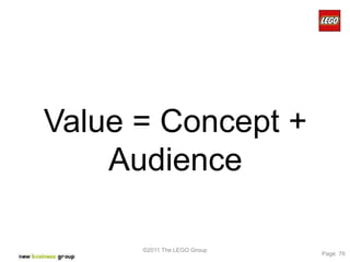 Value = Concept +
    Audience

      ©2011 The LEGO Group
                             Page 76
 