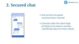2. Secured chat
End-to-End encrypted
communication channel
Covered under the client legal
privilege to let lawyers provide
confidential advice to their clients.
 