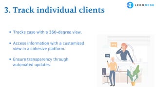 3. Track individual clients
Tracks case with a 360-degree view.
Access information with a customized
view in a cohesive platform.
Ensure transparency through
automated updates.
 