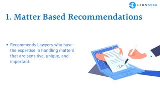 1. Matter Based Recommendations
Recommends Lawyers who have
the expertise in handling matters
that are sensitive, unique, and
important.
 