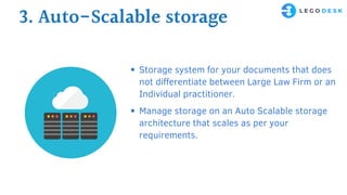 Storage system for your documents that does
not differentiate between Large Law Firm or an
Individual practitioner.
Manage storage on an Auto Scalable storage
architecture that scales as per your
requirements.
3. Auto-Scalable storage
 