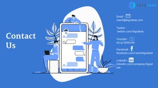 Contact
Us
Twitter :
twitter.com/legodesk
Youtube :
bit.ly/2OlXLHH
Facebook :
facebook.com/reachlegodesk
Email :
reach@legodesk.com
Linkedin :
linkedin.com/company/legod
esk
 