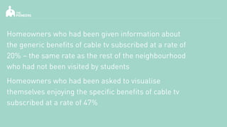 Homeowners who had been given information about
the generic benefits of cable tv subscribed at a rate of
20% – the same ra...