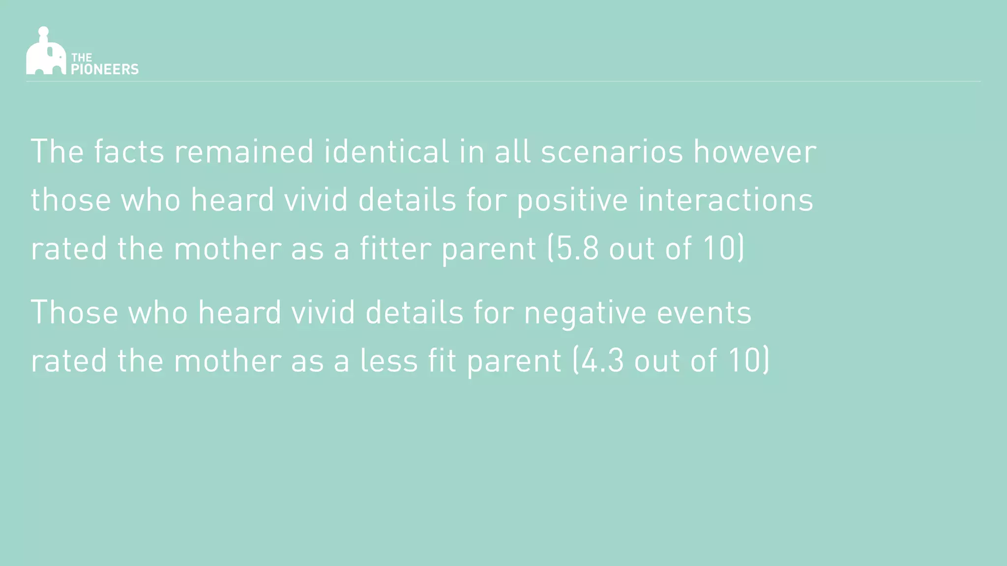 The facts remained identical in all scenarios however
those who heard vivid details for positive interactions
rated the mother as a fitter parent (5.8 out of 10)
Those who heard vivid details for negative events
rated the mother as a less fit parent (4.3 out of 10)
 