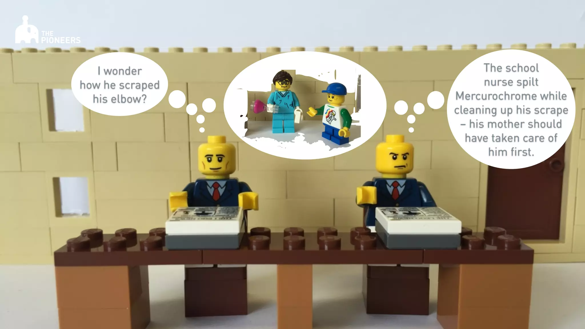 I wonder
how he scraped
his elbow?
The school
nurse spilt
Mercurochrome while
cleaning up his scrape
– his mother should
have taken care of
him first.
 