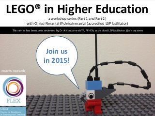 LEGO® in Higher Education
a workshop series (Part 1 and Part 2)
with Chrissi Nerantzi @chrissinerantzi (accredited LSP facilitator)
Join us
in 2015!
counts towards
This series has been peer reviewed by Dr Alison James NTF, PFHEA, accredited LSP facilitator @alisonjames
 