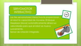 Los tres servomotores interactivos le proporcionan
al robot la capacidad de moverse. El bloque
Desplazar [Move] automáticamente alinea sus
velocidades para que el robot se mueva
suavemente.
Sensor de rotación integrado
SERVOMOTOR
INTERACTIVO
 