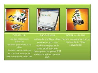 CONSTRUIR 
Esta guia proporciona 
diferentes 
opciones para construir su 
robot. 
También hay instrucciones 
en la guía de montaje del 
NXT en equipo de base 9797 
PROGRAMAR 
utilizando el software lego 
mindstorm NXT. Hay 
muchos ejemplos en la 
parte robot educator. 
descargue el programa NXT 
en bluethooth o con cable 
USB. 
PONER A PRUEBA 
Ejecute su programa si no lo 
hiso ajuste su robot 
nuevamente 
 