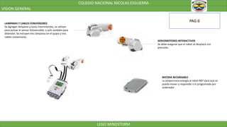 COLEGIO NACIONAL NICOLAS ESGUERRA
VISION GENERAL
LEGO MINDSTORM
LAMPARAS Y CABLES CONVERSORES
Se Agregan lámparas y luces intermitentes, se utilizan
para activar el sensor fotosensible, o solo también para
diversión. Se incluyen tres lámparas en el quipo y tres
cables conversores.
SERVOMOTORES INTERACTIVOS
Se debe asegurar que el robot se desplace con
precisión.
BATERIA RECARGABLE
Le proporciona energía al robot NXT para que se
pueda mover y responder a lo programado por
ordenador
PAG:6
 