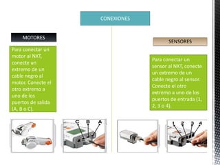 CONEXIONES 
MOTORES 
Para conectar un 
motor al NXT, 
conecte un 
extremo de un 
cable negro al 
motor. Conecte el 
otro extremo a 
uno de los 
puertos de salida 
(A, B o C). 
SENSORES 
Para conectar un 
sensor al NXT, conecte 
un extremo de un 
cable negro al sensor. 
Conecte el otro 
extremo a uno de los 
puertos de entrada (1, 
2, 3 o 4). 
 
