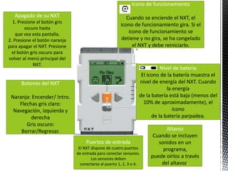 Icono de funcionamiento 
Cuando se enciende el NXT, el 
icono de funcionamiento gira. Si el 
icono de funcionamiento se 
detiene y no gira, se ha congelado 
el NXT y debe reiniciarlo. 
Nivel de batería 
El icono de la batería muestra el 
nivel de energía del NXT. Cuando 
la energía 
de la batería está baja (menos del 
10% de aproximadamente), el 
icono 
de la batería parpadea. 
Altavoz 
Cuando se incluyen 
sonidos en un 
programa, 
puede oírlos a través 
del altavoz. 
Apagado de su NXT 
1. Presione el botón gris 
oscuro hasta 
que vea esta pantalla. 
2. Presione el botón naranja 
para apagar el NXT. Presione 
el botón gris oscuro para 
volver al menú principal del 
NXT. 
Botones del NXT 
Naranja: Encender/ Intro. 
Flechas gris claro: 
Navegación, izquierda y 
derecha 
Gris oscuro: 
Borrar/Regresar. 
Puertos de entrada 
El NXT dispone de cuatro puertos 
de entrada para conectar sensores. 
Los sensores deben 
conectarse al puerto 1, 2, 3 o 4. 
 