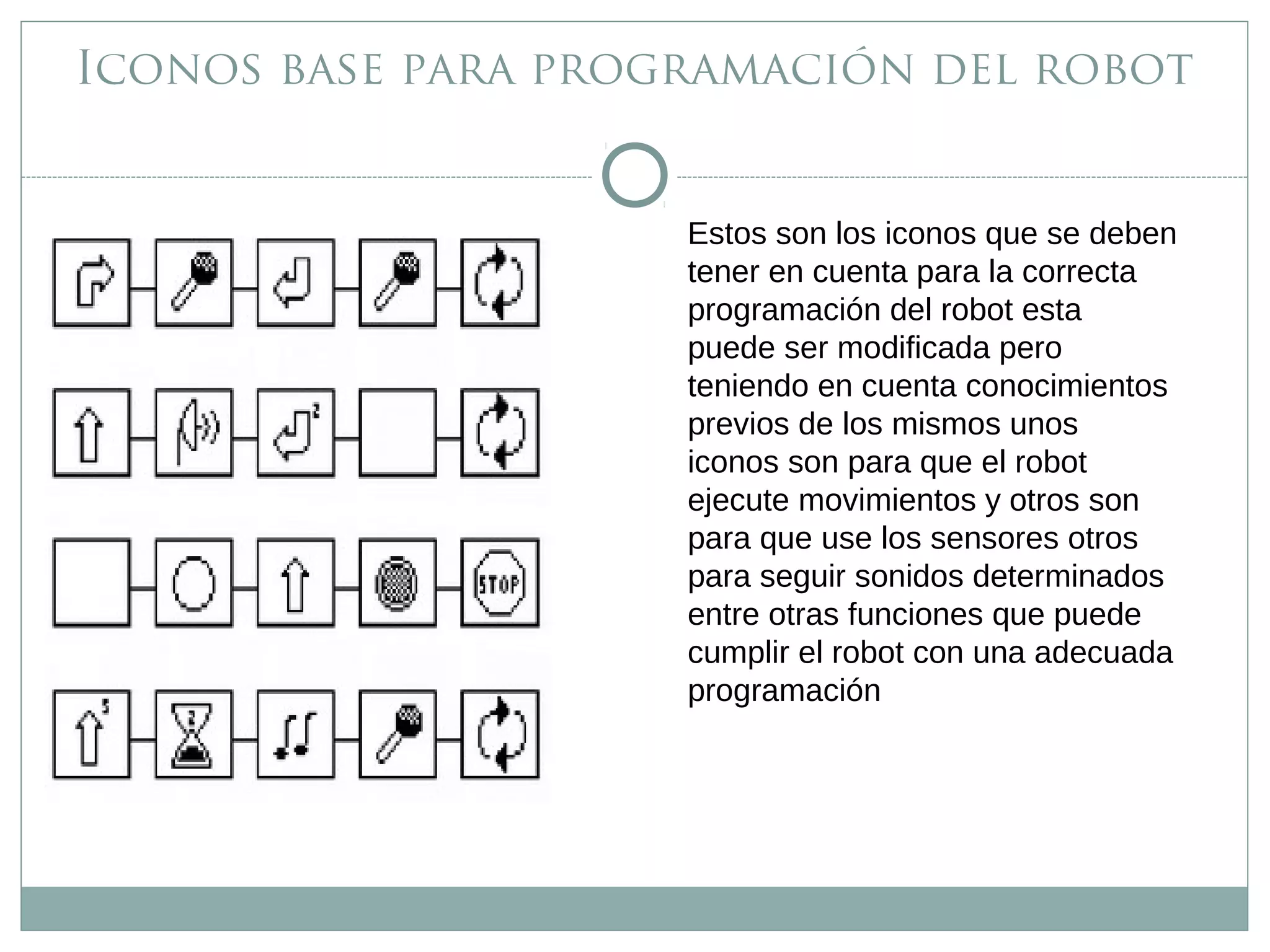 Iconos base para programación del robot
Estos son los iconos que se deben
tener en cuenta para la correcta
programación del robot esta
puede ser modificada pero
teniendo en cuenta conocimientos
previos de los mismos unos
iconos son para que el robot
ejecute movimientos y otros son
para que use los sensores otros
para seguir sonidos determinados
entre otras funciones que puede
cumplir el robot con una adecuada
programación
 