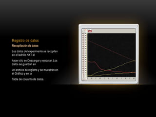Registro de datos
Los datos del experimento se recopilan
en el ladrillo NXT al
hacer clic en Descargar y ejecutar. Los
datos se guardan en
un archivo de registro y se muestran en
el Gráfico y en la
Tabla de conjunto de datos.
 