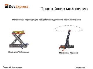 Простейшие механизмы

       Механизмы, переводящие вращательное движение в прямолинейное




    Механизм Чебышева                           Механизм Хойкена




Дмитрий Филиппов                                             GetDev.NET
 