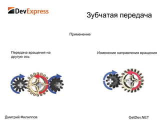 Зубчатая передача

                          Применение




   Передача вращения на                Изменение направления вращения
   другую ось




Дмитрий Филиппов                                      GetDev.NET
 