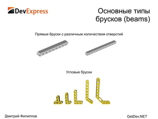 Основные типы
                                                брусков (beams)
               Прямые бруски с различным количеством отверстий




                               Угловые бруски




Дмитрий Филиппов                                                 GetDev.NET
 