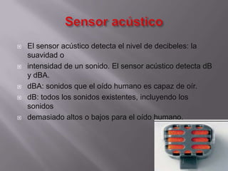 








El sensor acústico detecta el nivel de decibeles: la
suavidad o
intensidad de un sonido. El sensor acústico detecta dB
y dBA.
dBA: sonidos que el oído humano es capaz de oír.
dB: todos los sonidos existentes, incluyendo los
sonidos
demasiado altos o bajos para el oído humano.

 