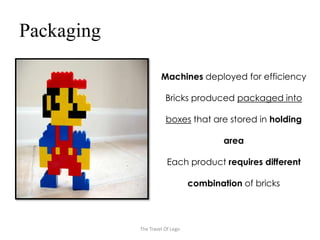 Packaging

                     Machines deployed for efficiency

                       Bricks produced packaged into

                       boxes that are stored in holding

                                         area

                        Each product requires different

                                 combination of bricks



            The Travel Of Lego
 