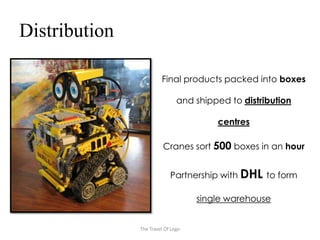 Distribution

                        Final products packed into boxes

                               and shipped to distribution

                                        centres

                         Cranes sort 500 boxes in an hour


                            Partnership with DHL to form

                                    single warehouse


               The Travel Of Lego
 