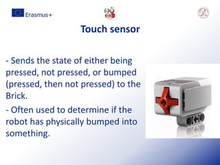 Touch sensor
- Sends the state of either being
pressed, not pressed, or bumped
(pressed, then not pressed) to the
Brick.
- Often used to determine if the
robot has physically bumped into
something.
 