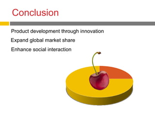 Conclusion
Product development through innovation
Expand global market share
Enhance social interaction
 