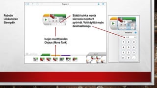 Isojen moottoreiden
Ohjaus (Move Tank)
Robotin
Liikkuminen
Eteenpäin
Säädä kuinka monta
kierrosta moottorit
pyörivät. Voit käyttää myös
desimaalilukuja.
 