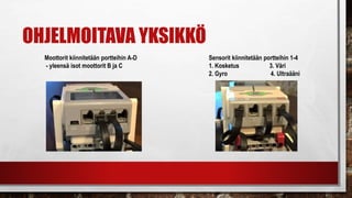 OHJELMOITAVA YKSIKKÖ
Moottorit kiinnitetään portteihin A-D
- yleensä isot moottorit B ja C
Sensorit kiinnitetään portteihin 1-4
1. Kosketus 3. Väri
2. Gyro 4. Ultraääni
 