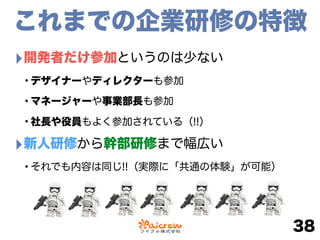 これまでの企業研修の特徴
‣開発者だけ参加というのは少ない
•デザイナーやディレクターも参加
•マネージャーや事業部長も参加
•社長や役員もよく参加されている（!!）
‣新人研修から幹部研修まで幅広い
•それでも内容は同じ!!（実際に「共通の体験」が可能）
38
 