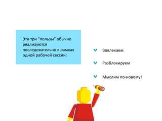 Эти	
  три	
  “пользы”	
  обычно	
  
реализуются	
  
последовательно	
  в	
  рамках	
  
одной	
  рабочей	
  сессии:	
  
Вовлекаем	
  
	
  
	
  Разблокируем	
  
	
  
	
  
Мыслим	
  по-­‐новому!	
  
	
  
	
  
 