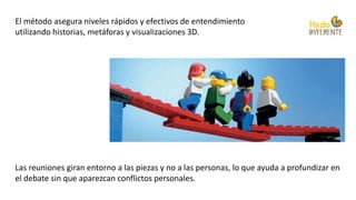 El método asegura niveles rápidos y efectivos de entendimiento
utilizando historias, metáforas y visualizaciones 3D.
Las reuniones giran entorno a las piezas y no a las personas, lo que ayuda a profundizar en
el debate sin que aparezcan conflictos personales.
 