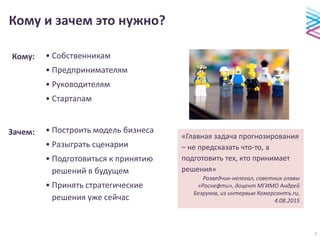 Кому и зачем это нужно?
• Собственникам
• Предпринимателям
• Руководителям
• Стартапам
• Построить модель бизнеса
• Разыграть сценарии
• Подготовиться к принятию
решений в будущем
• Принять стратегические
решения уже сейчас
«Главная задача прогнозирования
– не предсказать что-то, а
подготовить тех, кто принимает
решения»
Разведчик-нелегал, советник главы
«Роснефти», доцент МГИМО Андрей
Безруков, из интервью Комерсантъ.ru,
4.08.2015
Кому:
Зачем:
2
 