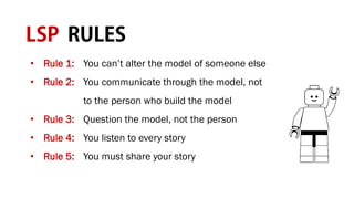 • Rule 1: You can’t alter the model of someone else
• Rule 2: You communicate through the model, not
to the person who build the model
• Rule 3: Question the model, not the person
• Rule 4: You listen to every story
• Rule 5: You must share your story
 