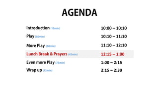 10:00 – 10:10
10:10 – 11:10
11:10 – 12:10
12:15 – 1:00
1:00 – 2:15
2:15 – 2:30
 