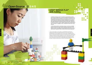 LSP:Open-Source/1/2/3/4/5
LEGO®
SERIOUS PLAY®
skills building
•	 To introduce participants to the use of metaphors, they should first be asked to
build a creature in LEGO bricks (a normal, non-metaphorical representation). After
this, the facilitator gives the participants just four minutes to turn the creature into
a representation of the ideal boss or the worst imaginable boss you can think of.
This is a turning-point which shifts participants into building on the metaphorical
plane. When participants have shared the meaning of their models, it will be obvi-
ous that each model has a number of different, metaphorically meaningful features
which the facilitator can highlight in order to emphasize this special way of using
the bricks.
•	 To further develop experience with building metaphors and add the storytelling
element, participants are invited to build a metaphorical representation of ‘‘My
Monday mornings’. This challenge will help participants see that they can use the
bricks and their metaphors to share a storyline and share personal experiences.
In each of these stages, as in every stage of a LEGO® SERIOUS PLAY® session,
participants should build (individually, simultaneously) and then share (going round
each participant in turn, each telling the ‘story’ of their model). The facilitator should be
aware of conveying the Participants’ Etiquette to the participants during the skills building
challenges. If these three building challenges do not seem to get participants into flow
with the use of the method, the facilitator should make sure that they reach a state of
flow by having them go through some more lightweight building challenges that build
their skills in using the method rather than rushing to the workshop process.
22 23
 