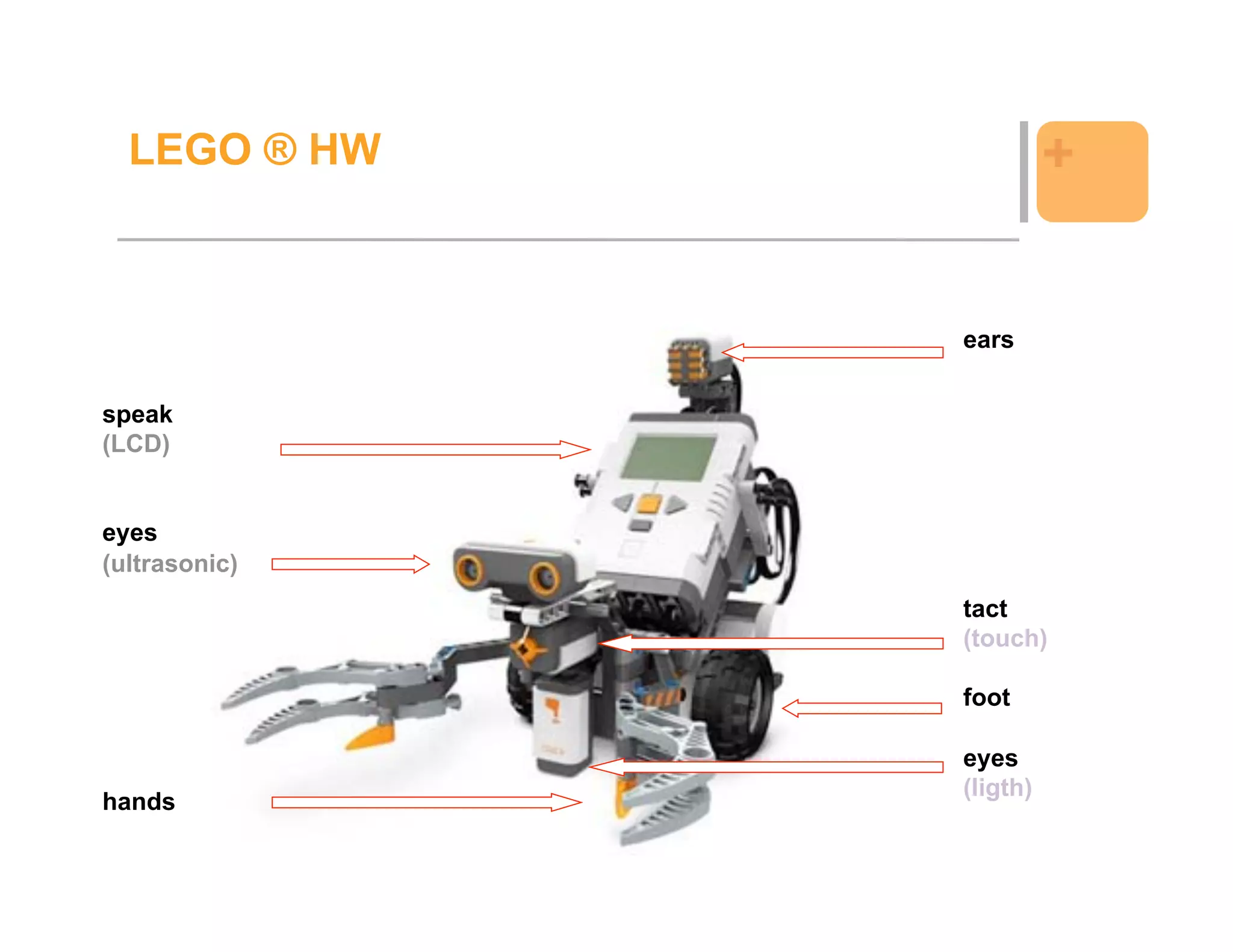 LEGO ® HW              +


               ears


speak
(LCD)


eyes
(ultrasonic)
               tact
               (touch)

               foot

               eyes
               (ligth)
hands

                             18
 