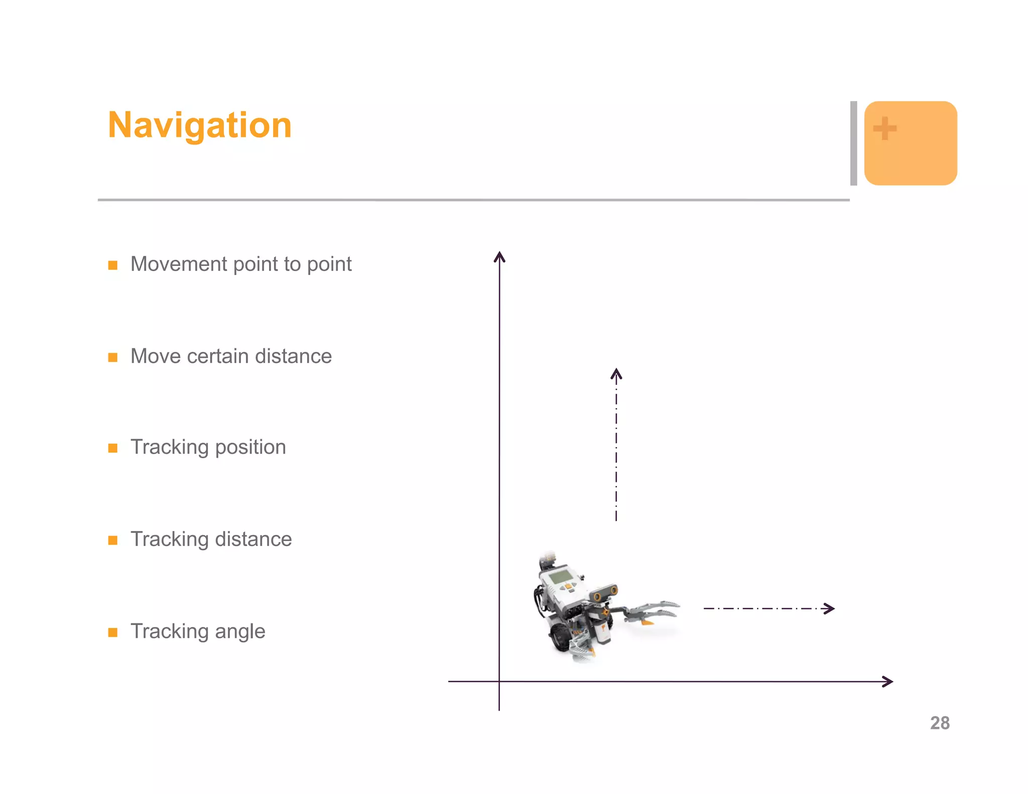 Navigation                 +

 Movement point to point



 Move certain distance



 Tracking position



 Tracking distance



 Tracking angle



                               28
 