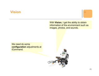 Vision                                                            +

                               With Vision, I get the ability to obtain
                               information of the environment such as
                               images, photos, and sounds.




We need do some
configuration adjustments at
iCommand.




                                                                          45
 