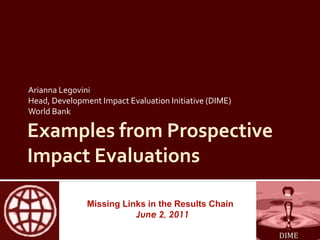 Examples from Prospective Impact Evaluations Arianna Legovini Head, Development Impact Evaluation Initiative (DIME) World Bank 