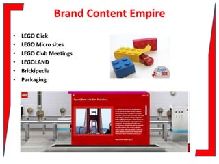 Brand Content Empire
•
•
•
•
•
•

LEGO Click
LEGO Micro sites
LEGO Club Meetings
LEGOLAND
Brickipedia
Packaging

 