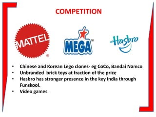 COMPETITION

•
•
•
•

Chinese and Korean Lego clones- eg CoCo, Bandai Namco
Unbranded brick toys at fraction of the price
Hasbro has stronger presence in the key India through
Funskool.
Video games

 